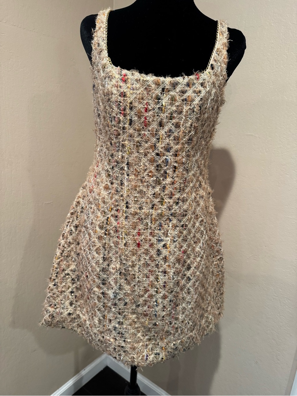 Anthropologie Maeve Cream Tweed Sleeveless Mini Dress with Multi-Color Flecks